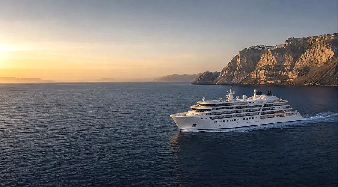Viking Jupiter at sunset along the Greek coastline
