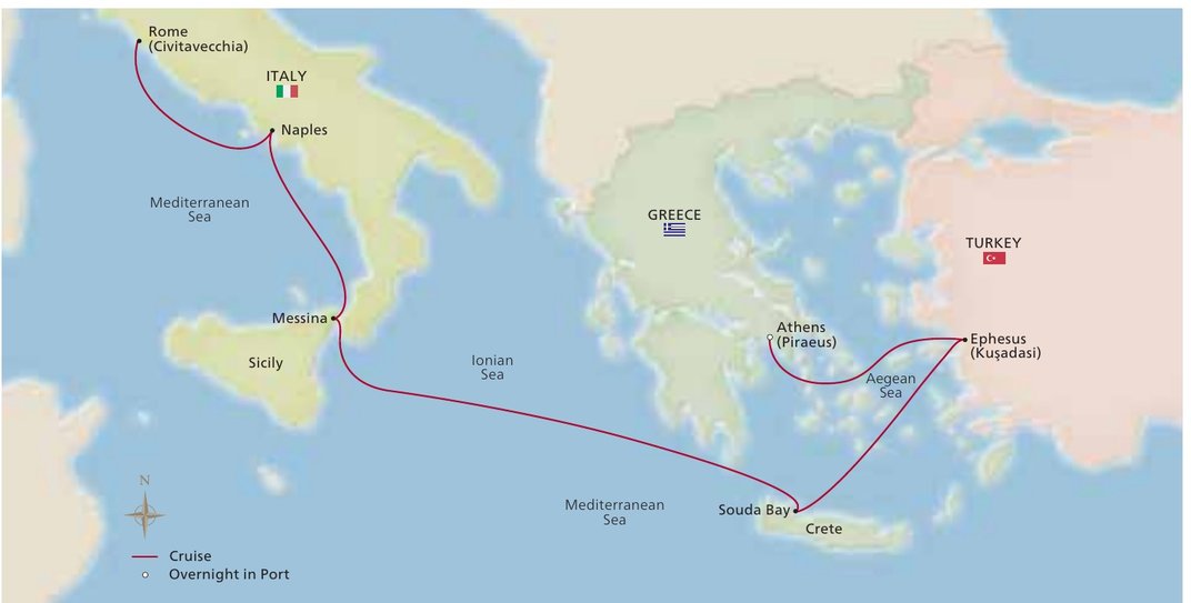 Route map: Rome (Civitavecchia) to Naples, Messina, Souda Bay, Ephesus, and Athens (Piraeus)