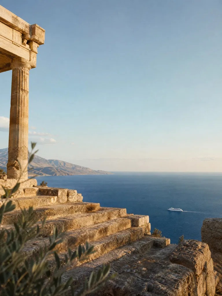Ancient temple columns overlooking the Aegean, with Viking Jupiter passing in the distance