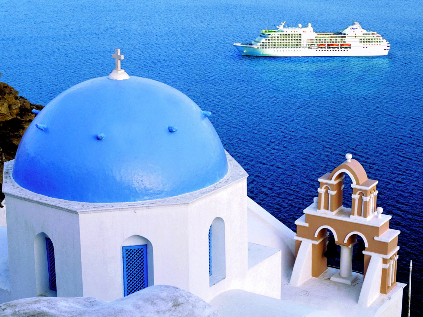Regent Seven Seas ship off Santorini