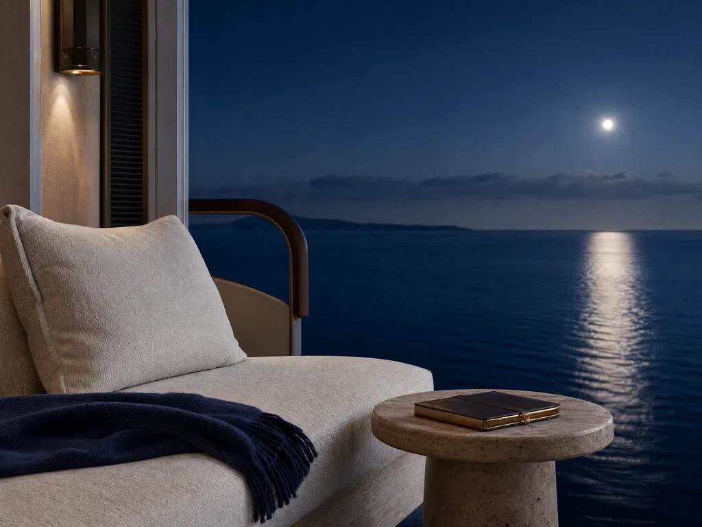 Moonlit ocean view from a private stateroom balcony